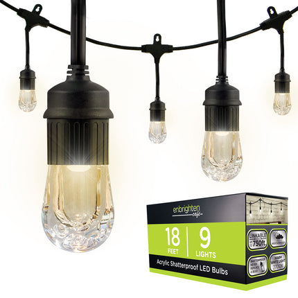 Enbrighten Classic Warm White String Lights, 18ft Black Cord, 9 Shatterproof Acrylic Bulbs, Weatherproof, Outdoor String Lights, 33307