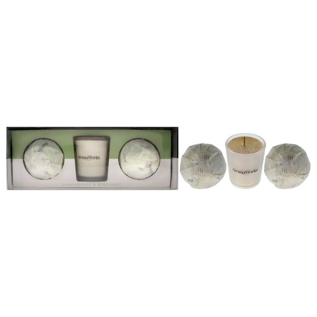 Light Candle Set - Lemongrass and Bergamot by Aromaworks for Unisex - 3 Pc 2.65oz Candle, 2 Mini AromaBomb